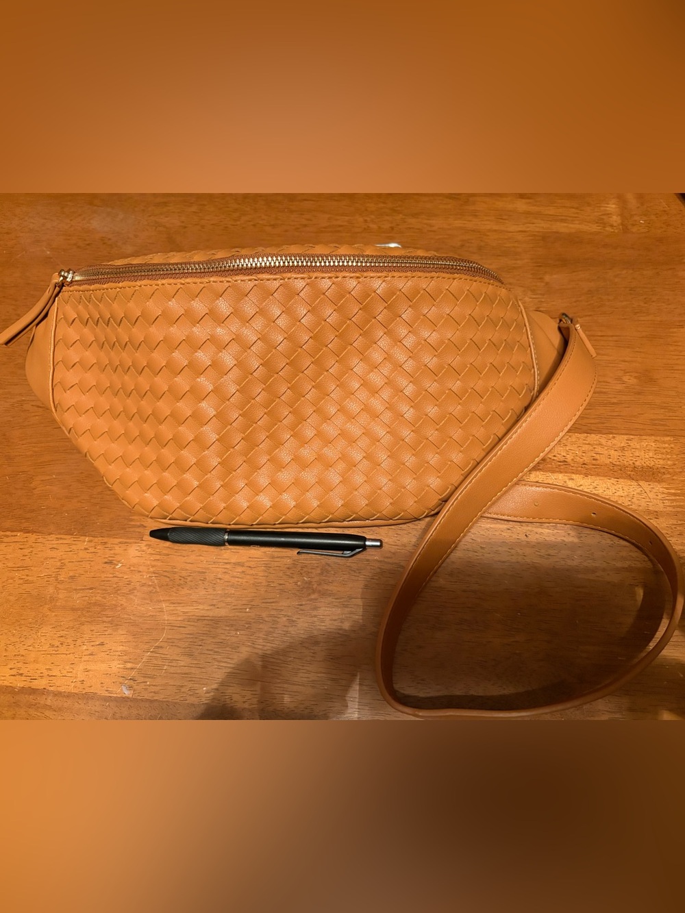 Textured Tan Woven Crossbody Belt Bag